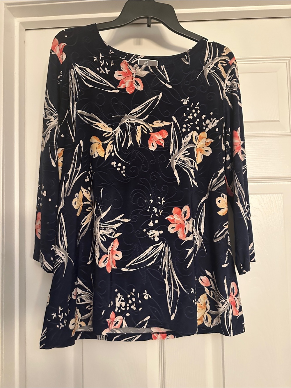 JM Collection Navy Floral Print 3/4 Sleeve Top